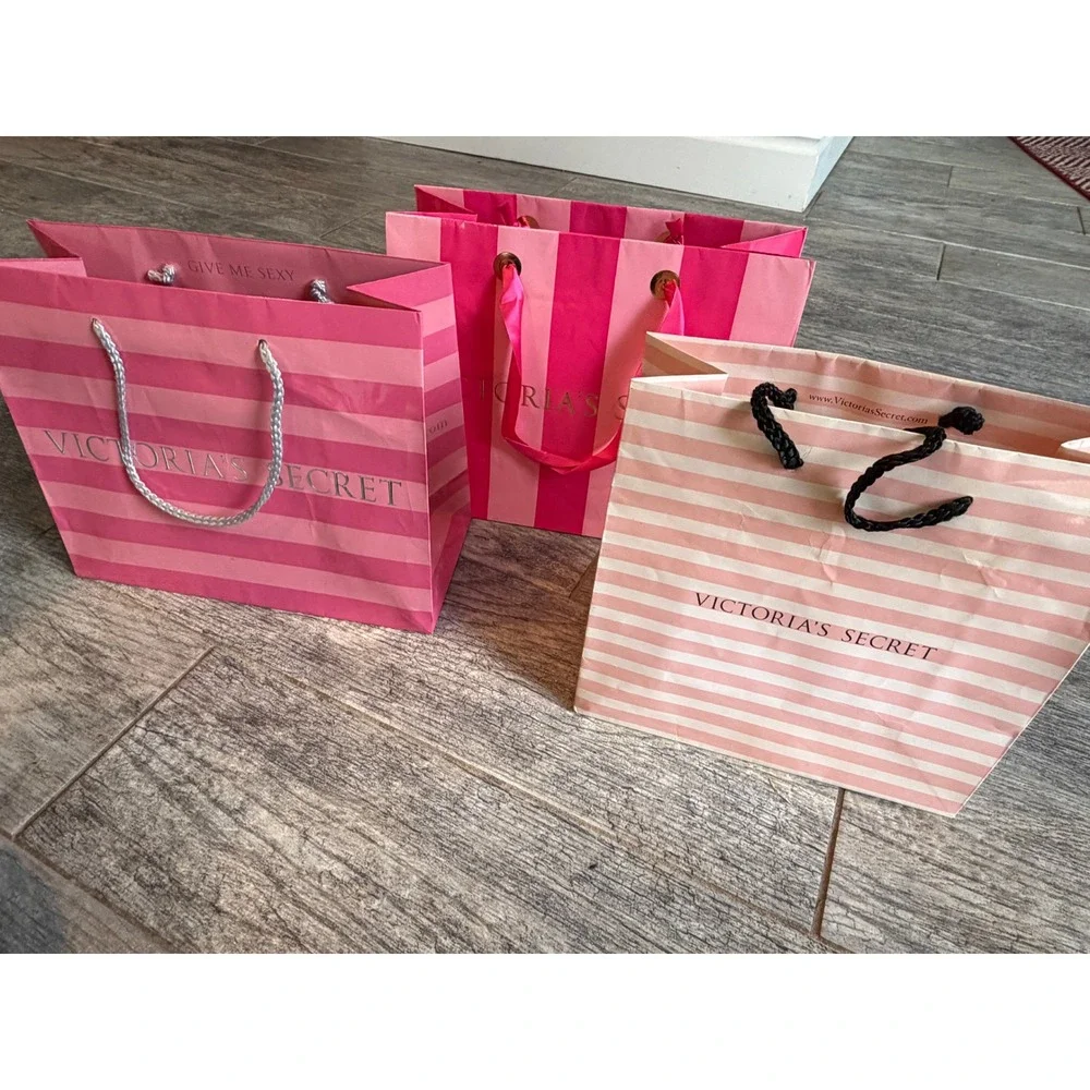 Victoria's Secret Gift Bags Set of 3 Pink Striped Lingerie Paper Bag Tote Ribbon
